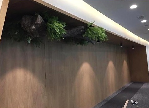 Timber wall with planting and accent lighting